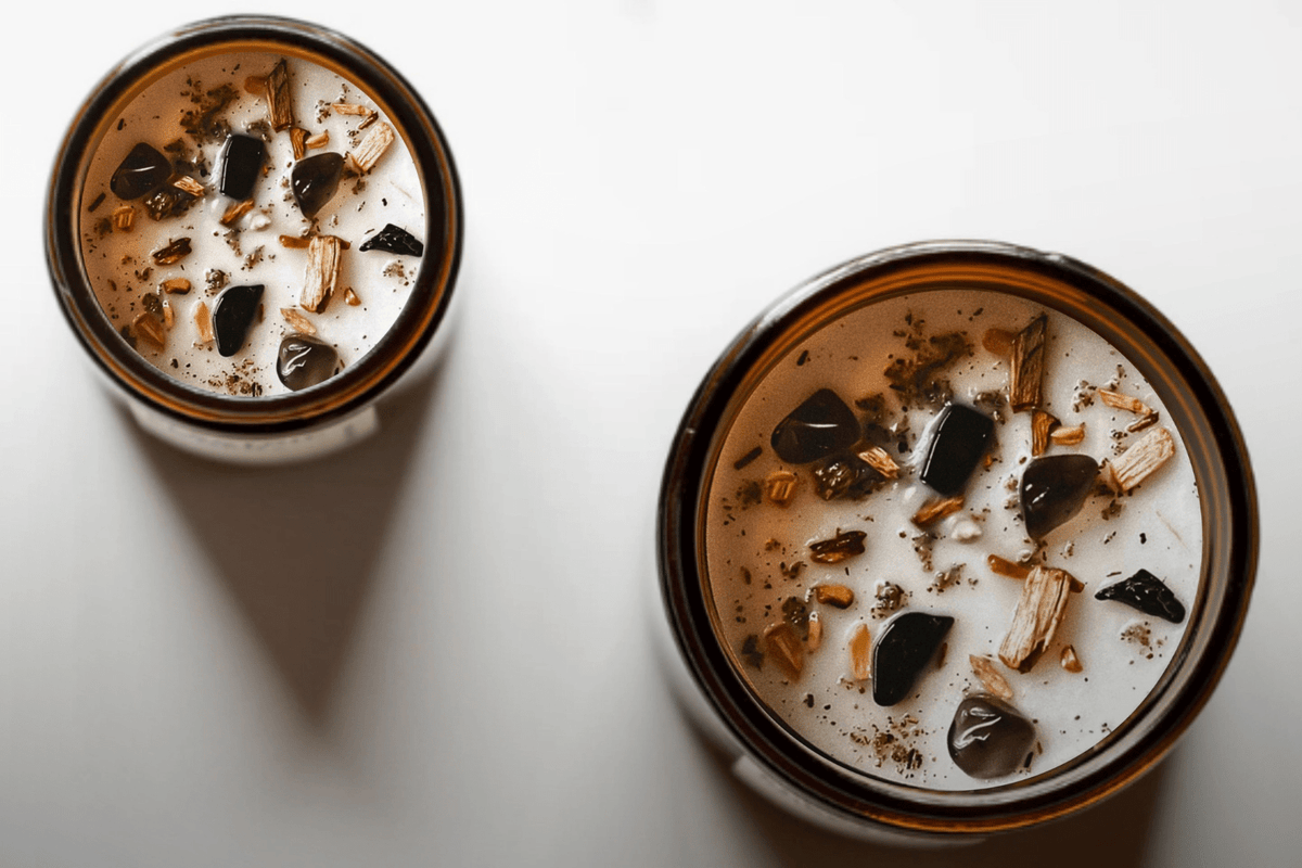 Two Palo Santo candles with crystals and botanicals by Alchemist + Co.