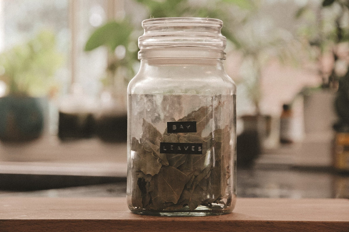 Jar of bay leaves on a open kitchen counter with jars and open windows in the background