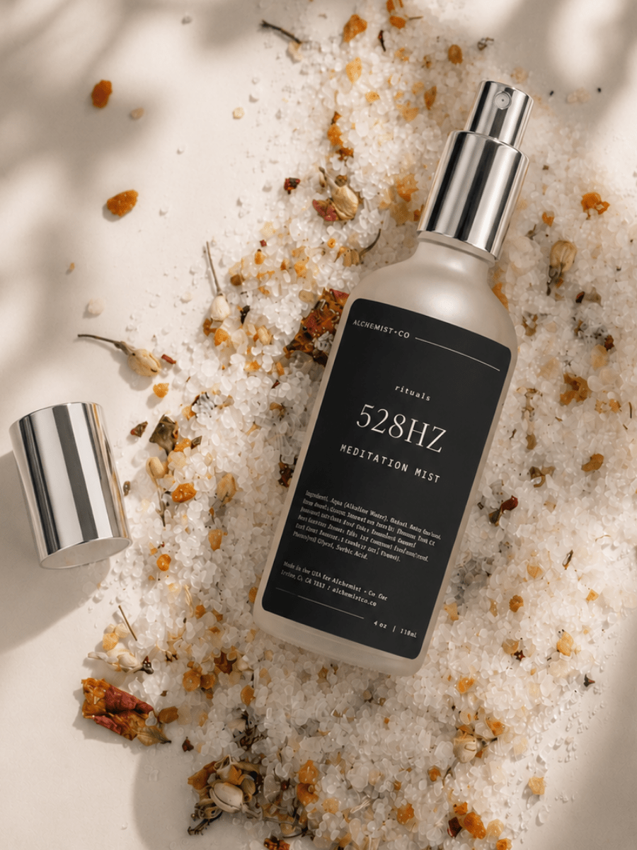 528hz  Meditation Mist resting on botanical bath salts.