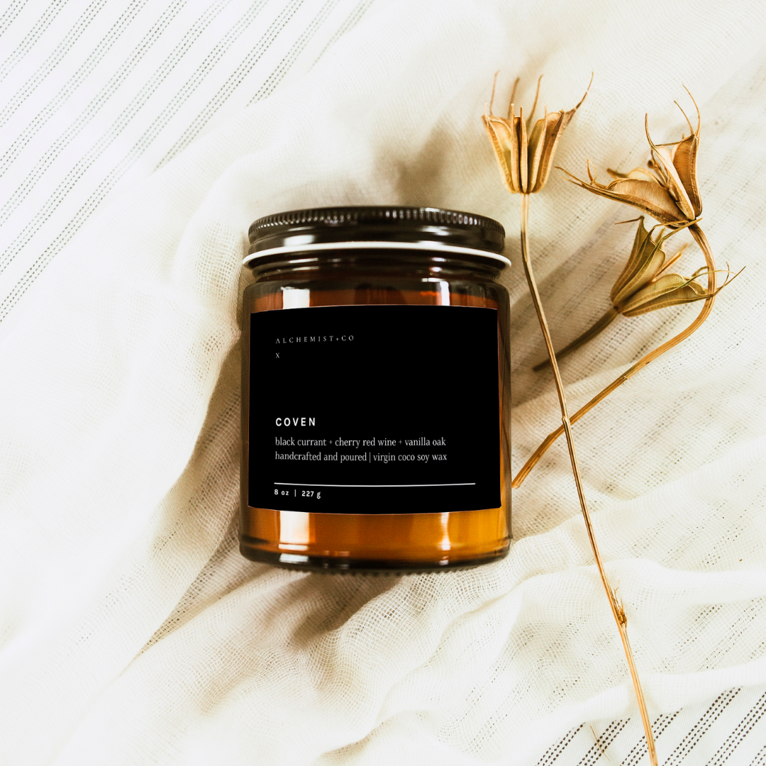 Coven - Scented organic cocosoy handcrafted candle by Alchemist + Co with crystals and botanicals.