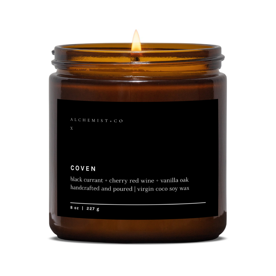 Coven - Scented organic cocosoy handcrafted candle by Alchemist + Co with crystals and botanicals.