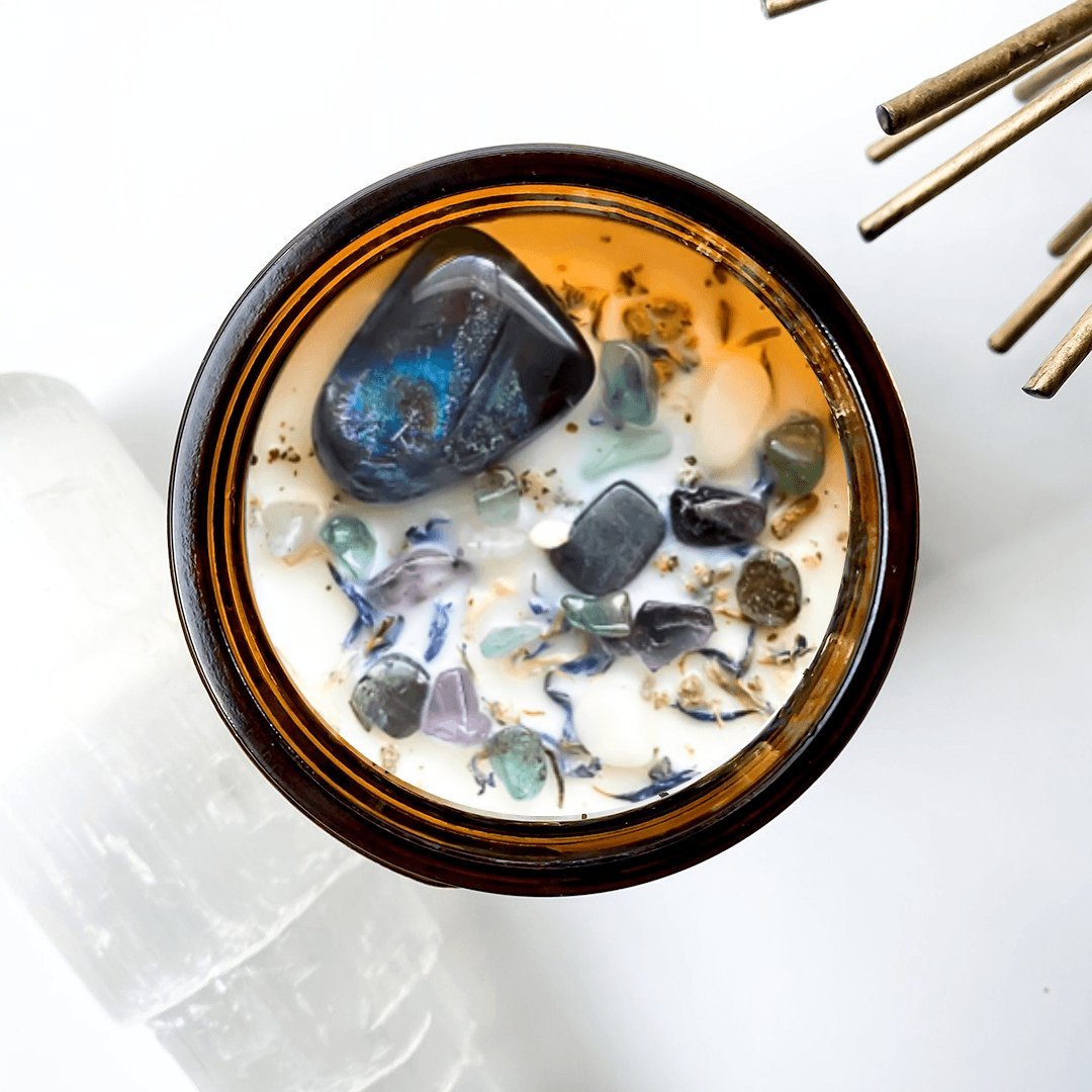 Age of aquarius - Scented organic cocosoy handcrafted candle by Alchemist + Co with crystals and botanicals.