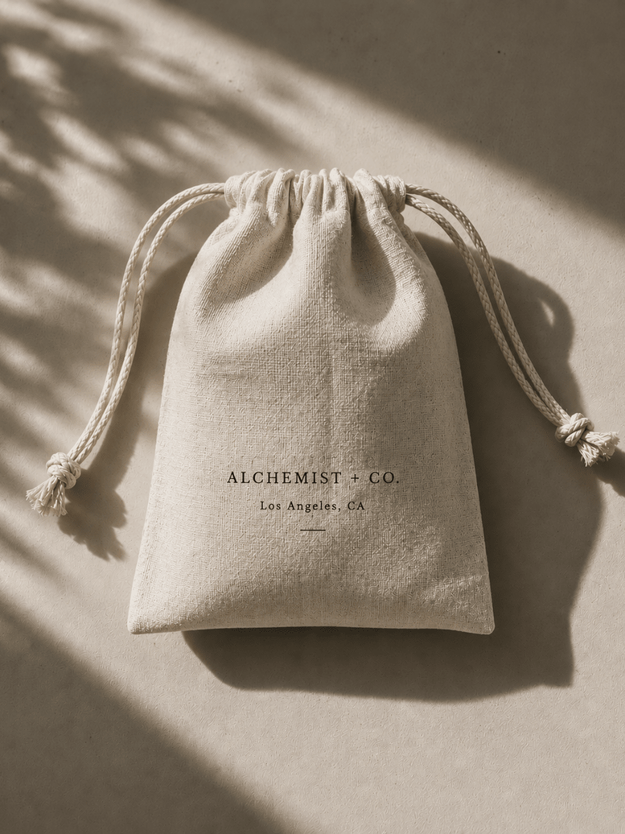 Linen drawstring pouch with 'Alchemist + Co.' branding on a beige background