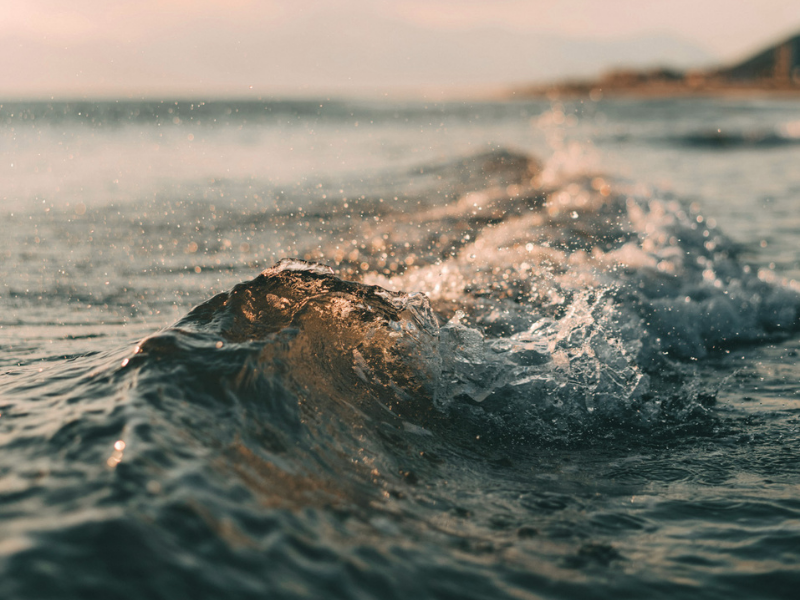 Wave crashing on a beach with a blurred background.