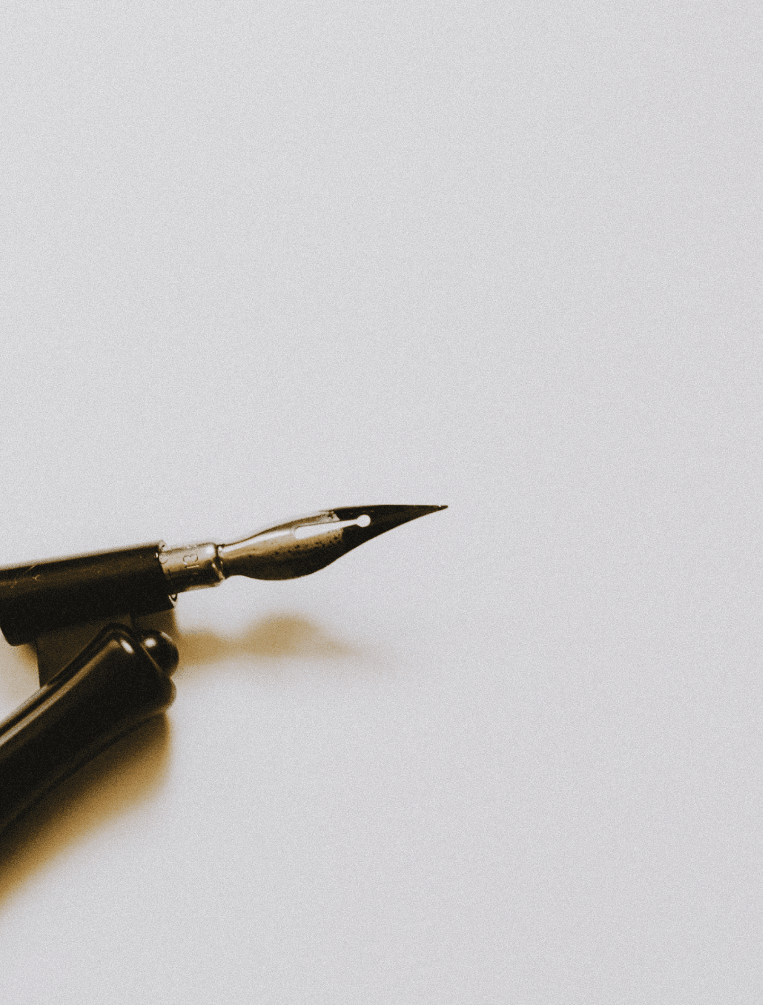 A close-up of a fountain pen nib and part of the barrel on a plain light gray background.