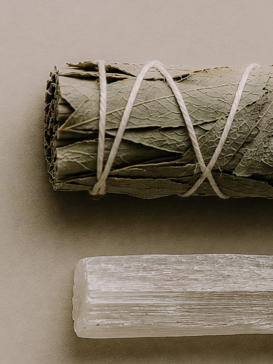 Rolled sage leaves tied with twine on a beige background.