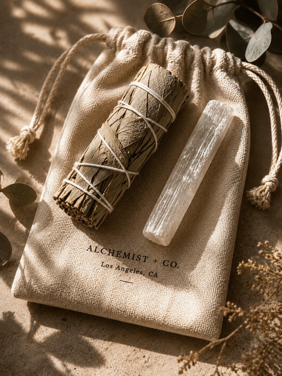 Sage bundle and crystal on a 'Alchemist + Co.' pouch with leaves and natural light.