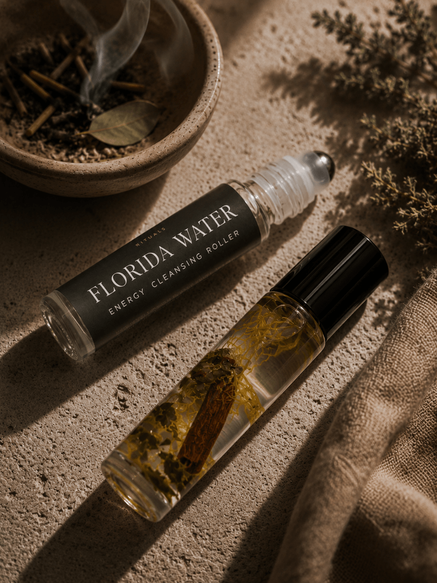Two energy cleansing rollers labeled 'Florida Water' on a textured surface with a potted plant in the background.