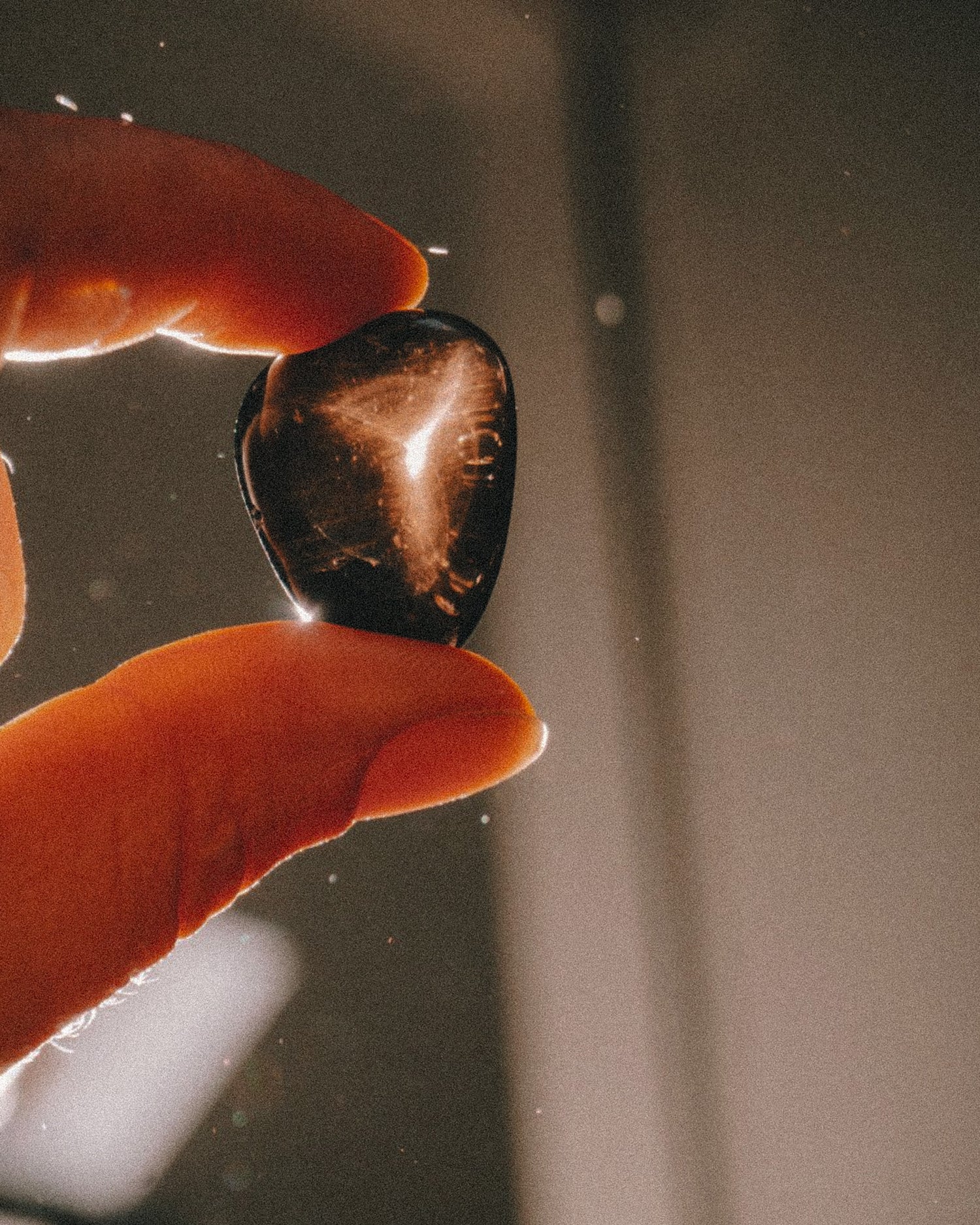 Hand holding a tumbled smoky quartz stone with a reflective surface against a blurred background.
