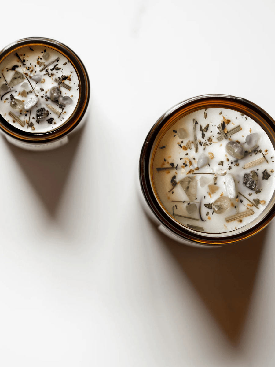 Top view of Gratitude ritual candles with fluorite, rutilated quartz, and botanicals.