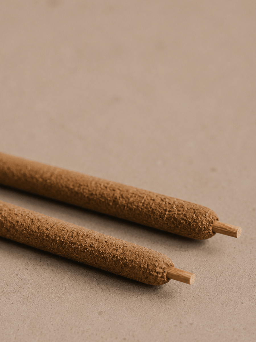 Two hand rolled Palo Santo incense sticks up close on a neutral surface.