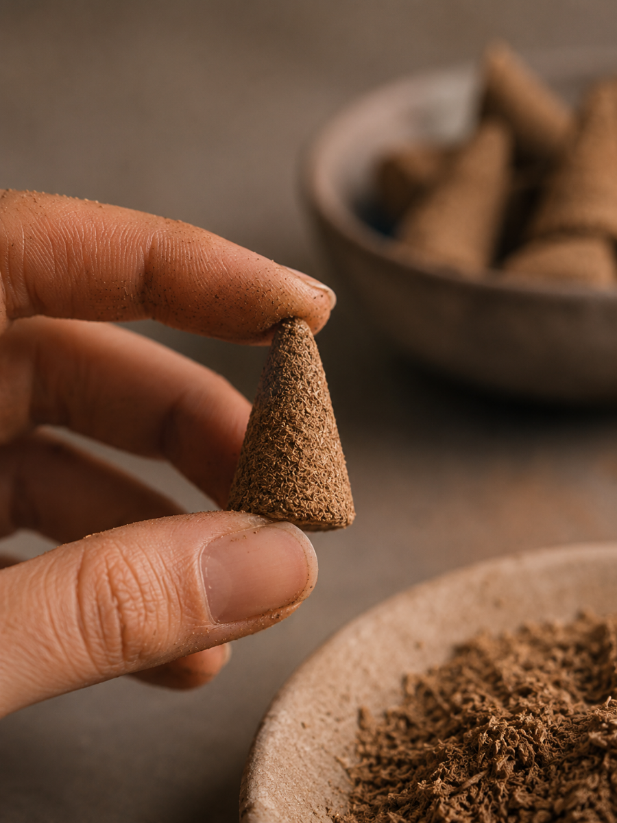 Hand holding a cone-shaped Palo Santo incense stick with a bowl of more incense sticks in the background.