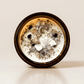 Morning Affirmations in Hazelnut ritual candle with smoky quartz, moonstone, super seven, tiger's eye, and botanical details viewed from above.