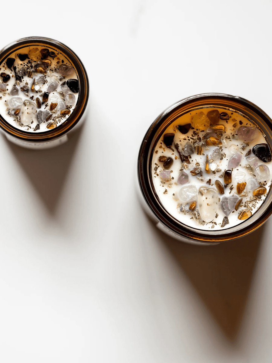 Top view of Morning Affirmations ritual candle with tiger's eye, super seven, smoky quartz, and botanicals.