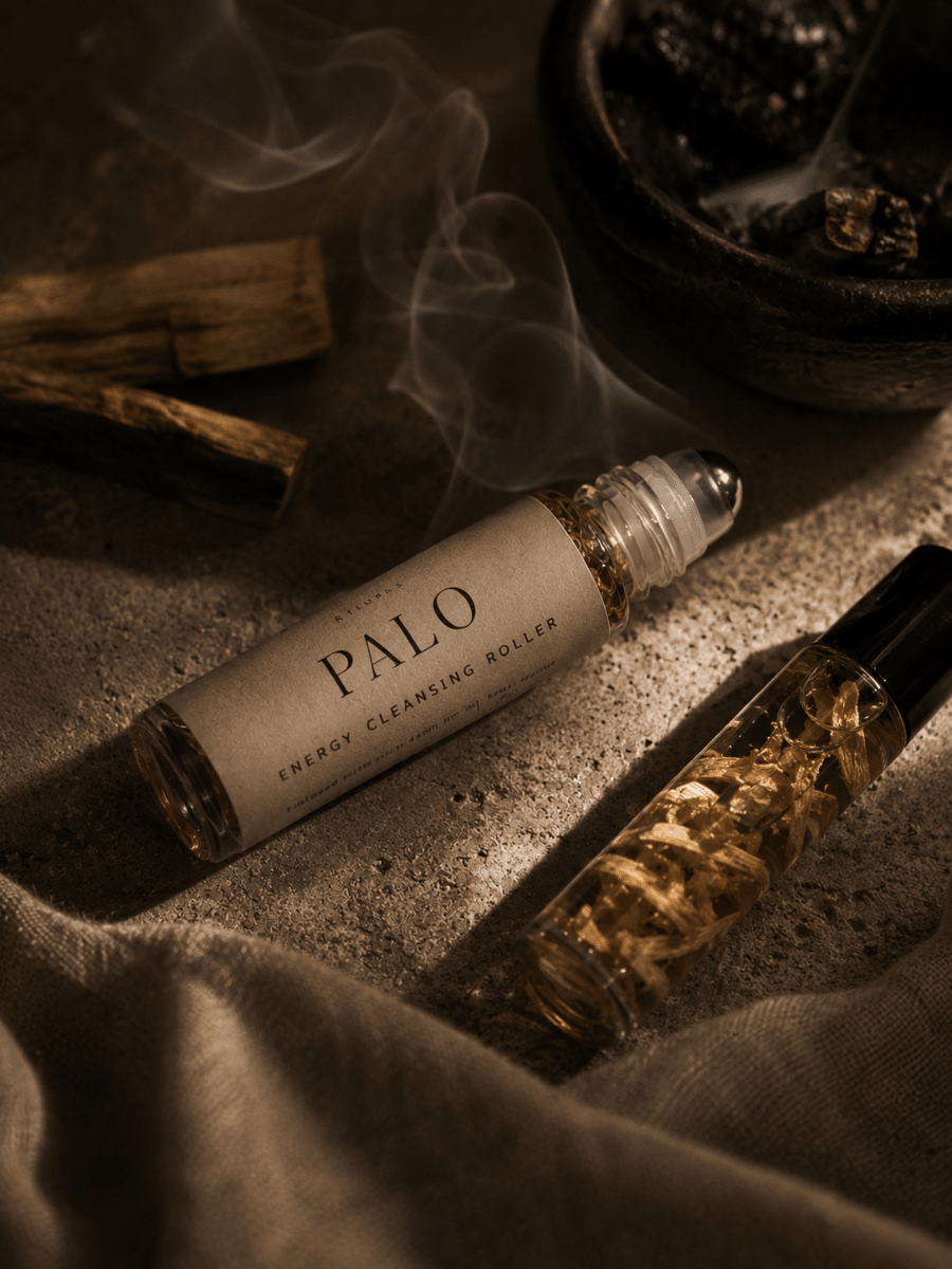 Two Palo energy cleansing rollers on neutral background by Alchemist + Co.