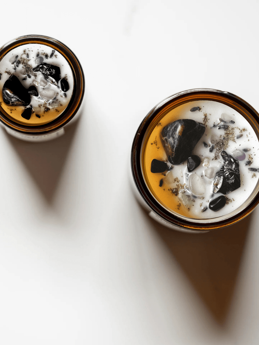Top view of Retrograde ritual candles with sunset sodalite, fluorite, rutilated quartz, and botanicals.