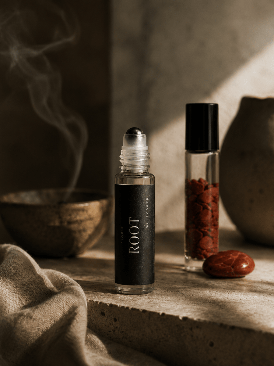 Root Chakra Balancing Roller by Alchemist + Co. with red jasper.