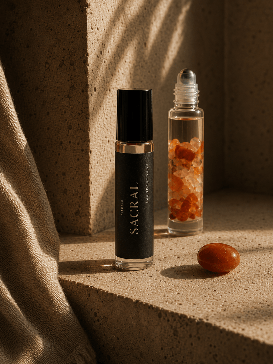 Sacral Chakra Balancing Roller by Alchemist + Co. with carnelian.