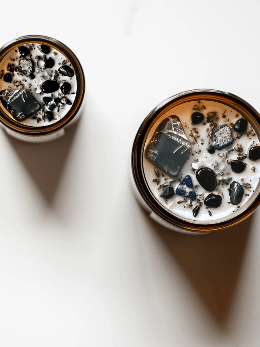 Top view of Shadow Work ritual candle with black moonstone, obsidian, sodalite, quartz and botanicals.