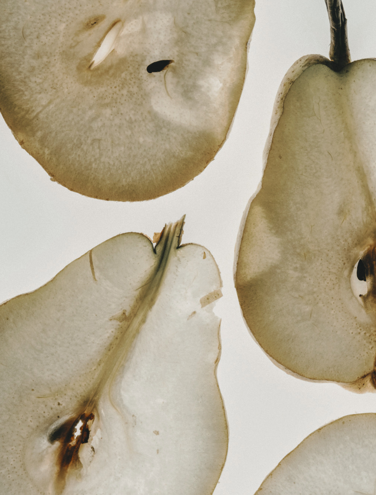 Two russet pears on a speckled ceramic plate in hard window light, the hero note of the Signal candle
