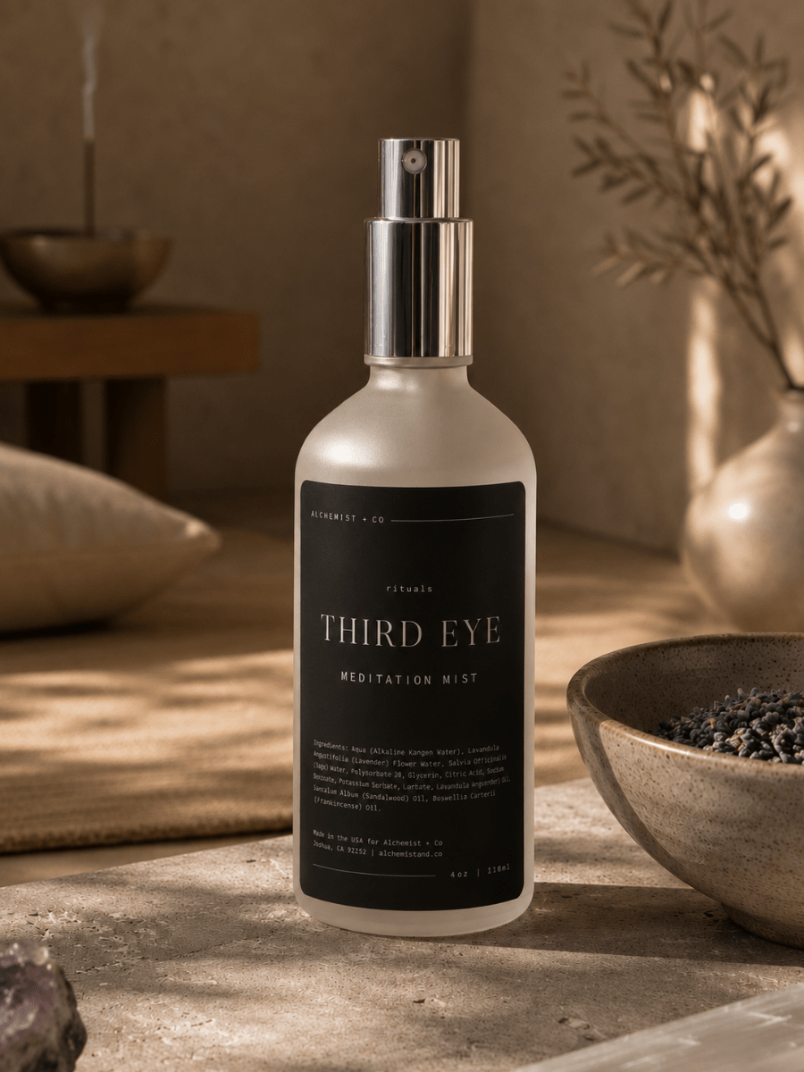 Bottle of 'Third Eye' meditation mist on a wooden surface with a blurred background.