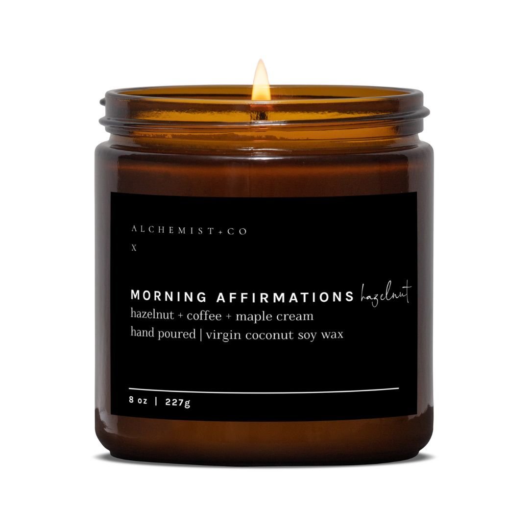 MORNING AFFIRMATIONS in HAZELNUT - Candles with crystals, Crystal Candles, Alchemist + Co